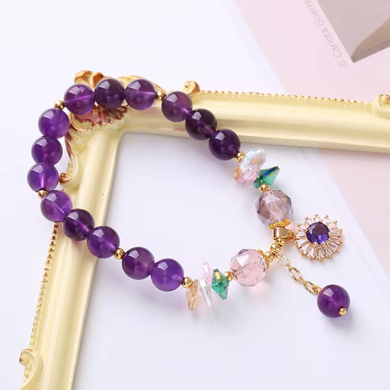 Natural Amethyst Zircon Flower Charm Bracelet (8MM Beads)