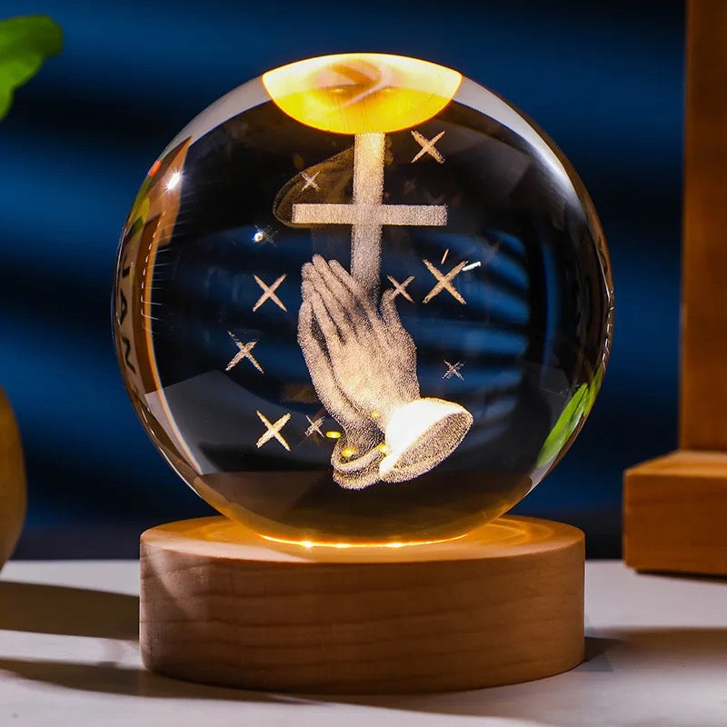 3D Laser Engraved 8cm Glass Crystal Ball Lamp (Christian Prayer Cross)