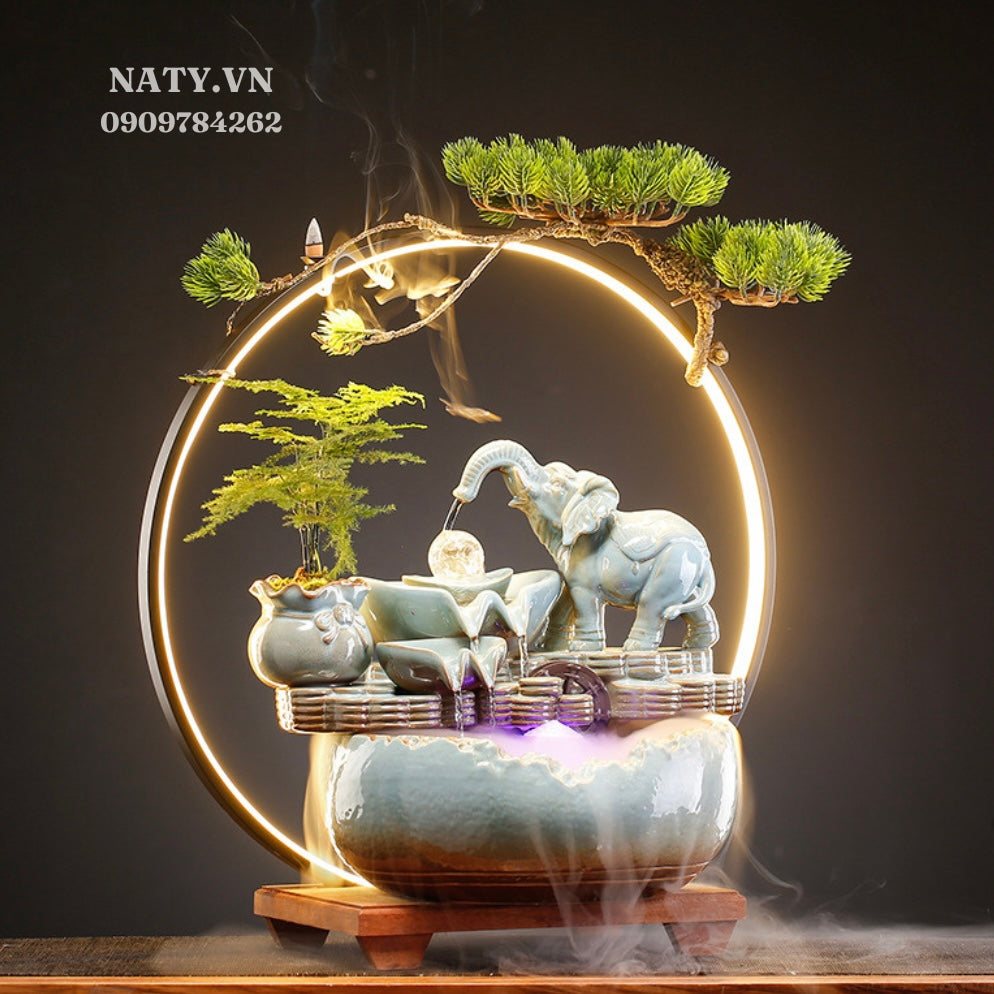 Feng Shui Elephant Crystal Ball Back-Flow Incense Holder & Waterfall Mist Maker with Ring Light Ornamental Set