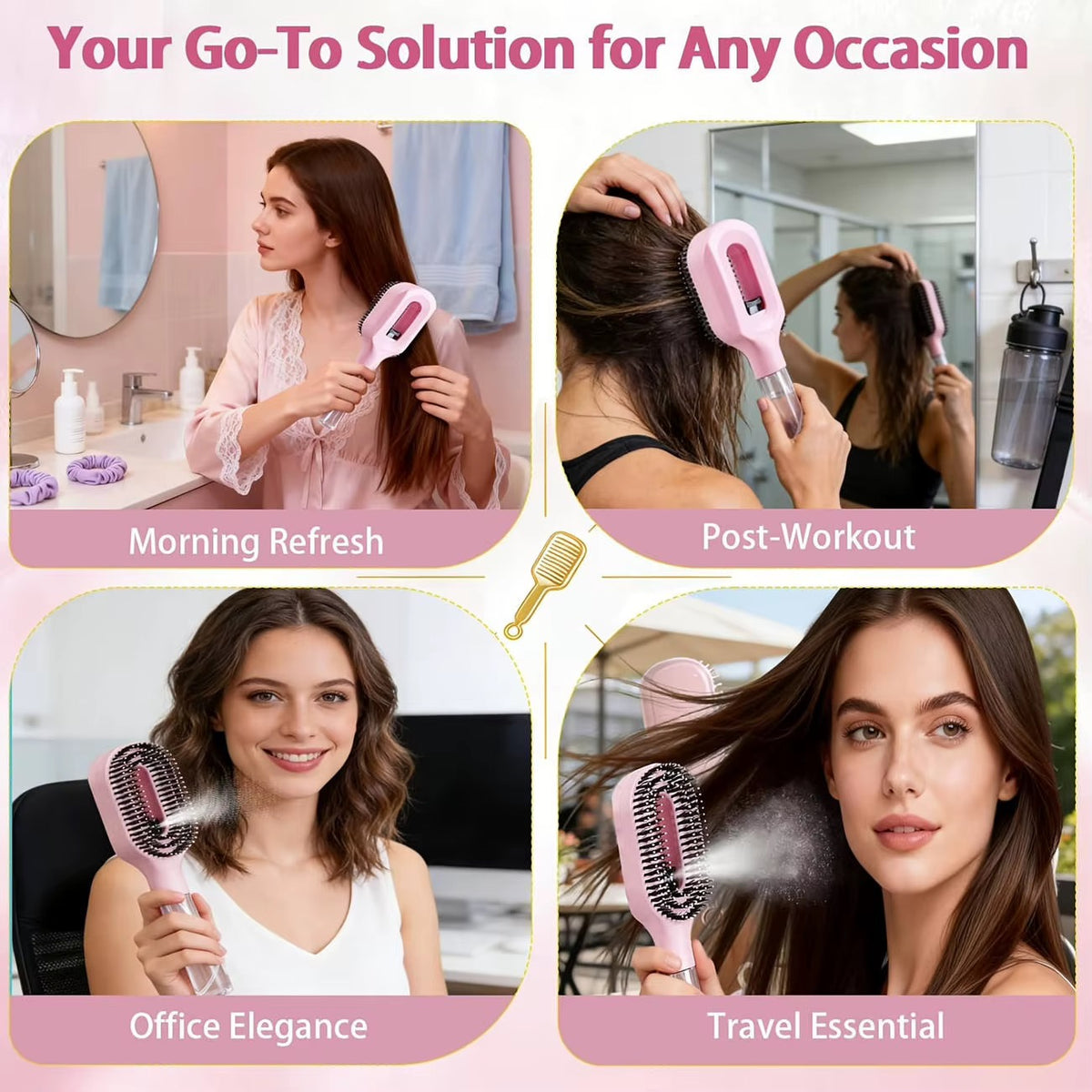 2-in-1 Ionic Hair Mist Brush with Built-In Spray Bottle – Pink