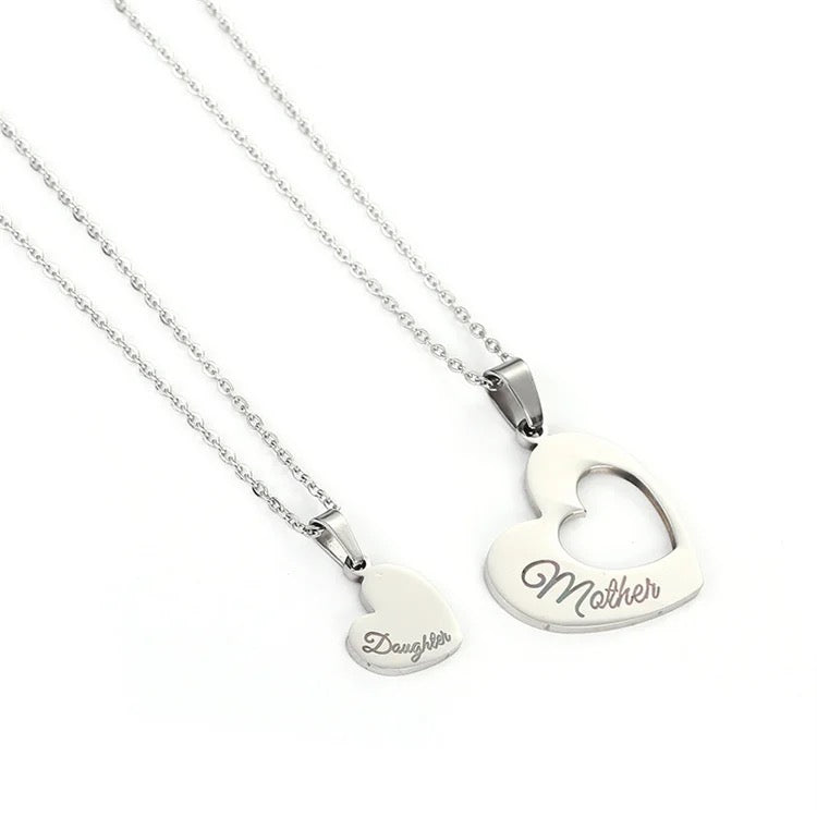 Stainless Steel Mother & Daughter Engraved Heart Necklace 2pc