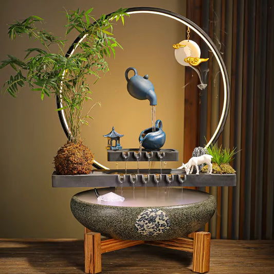 Feng Shui Teapot Back-Flow Incense Holder & Waterfall Mist Maker with Ring Light Ornamental Set