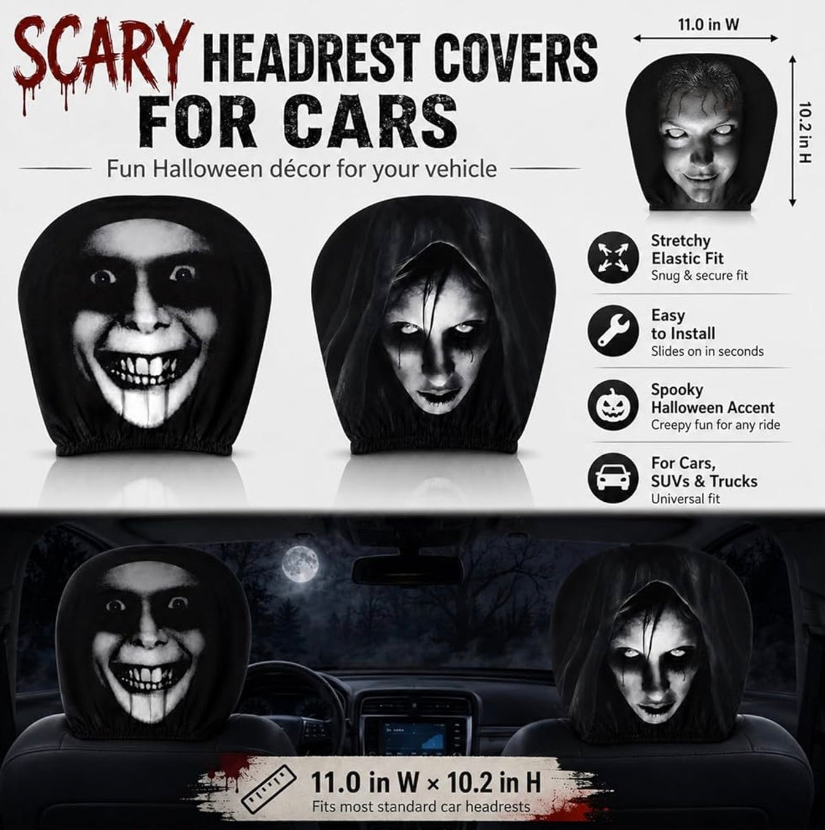 Halloween Scary Face Car Headrest Covers – 2 Piece Set