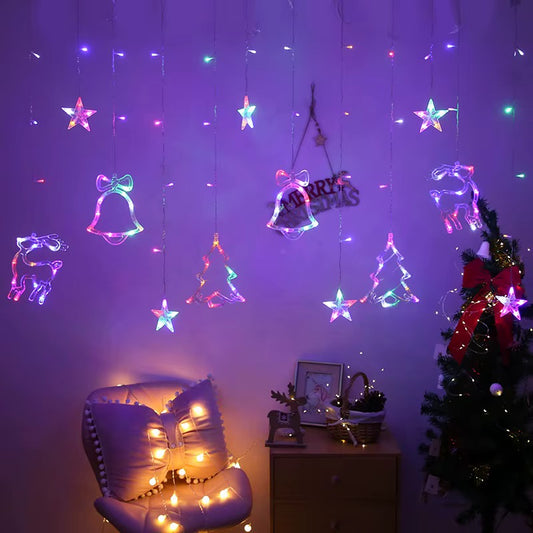 Decorative LED Curtain String Lights – Christmas Tree, Bells, Stars & Reindeer Design | RGB & Warm Yellow