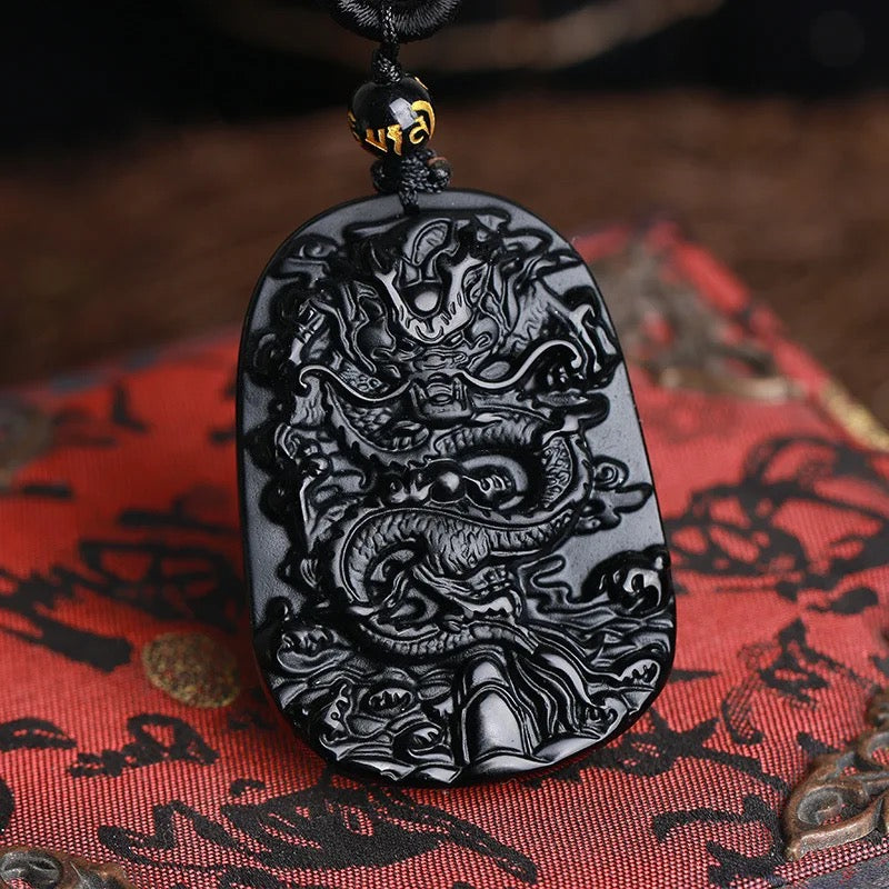 Dragon Carved Obsidian Stone Adjustable Necklace