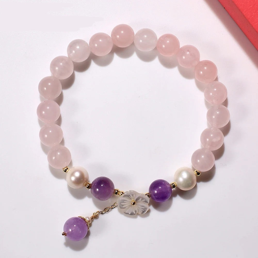 Rose Quartz Fresh Water Pearl & Amethyst Floral Charm Bracelet (8mm)