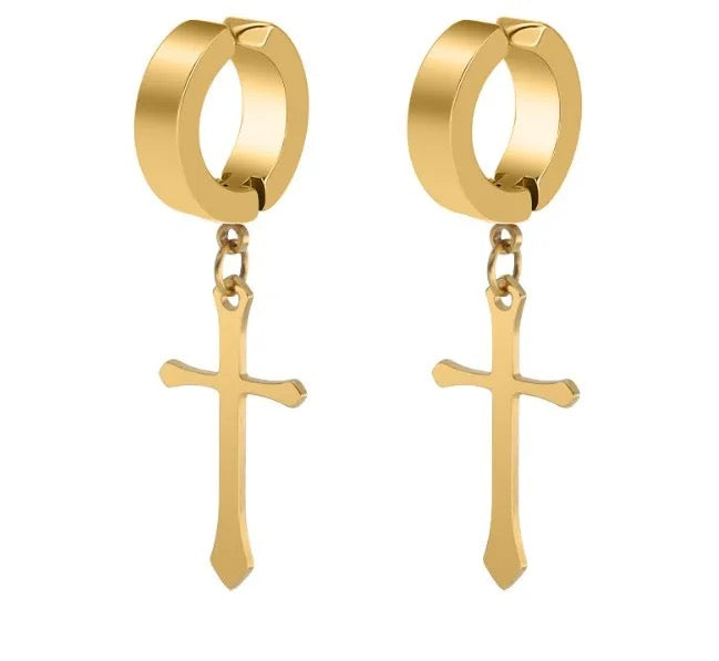 Unisex-Men's Stainless Steel Clip On Cross Earrings (No Piercing