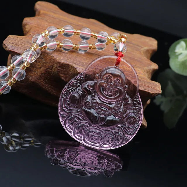 Large Buddha Pink Crystal Necklace