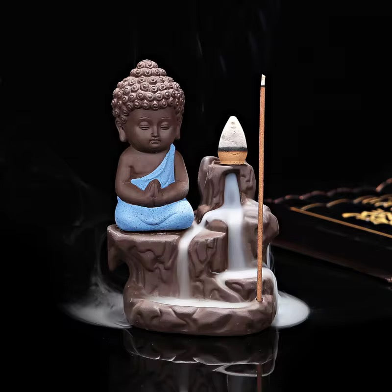 Ceramic Mini Buddha Designed Back-Flow Incense Holder + 10 Free Incense Cones