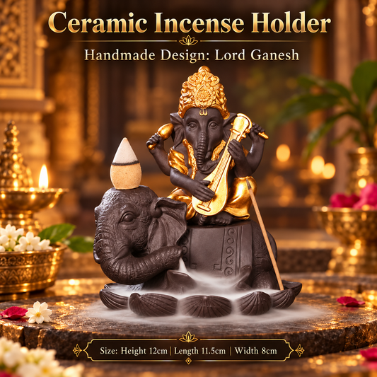 Ceramic Lord Ganesh Back Flow Incense Holder + 10 Free Incense Cones