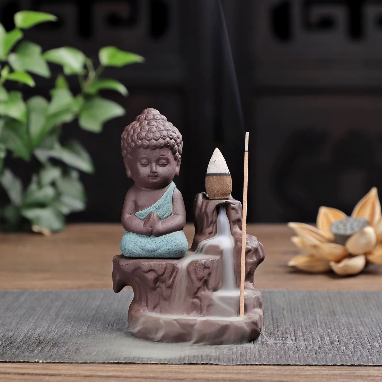 Ceramic Mini Buddha Designed Back-Flow Incense Holder + 10 Free Incense Cones