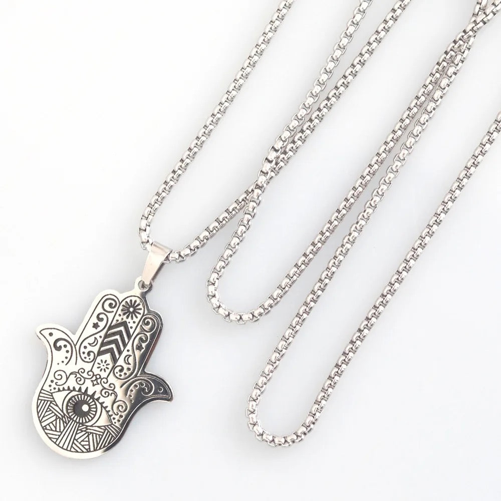 Stainless Steel Evil Eye Hamsa Hand Necklace