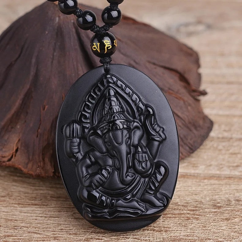 Lord Ganesh Obsidian Necklace