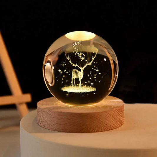 3D Laser Engraved 8cm Glass Crystal Ball Lamp (Reindeer)