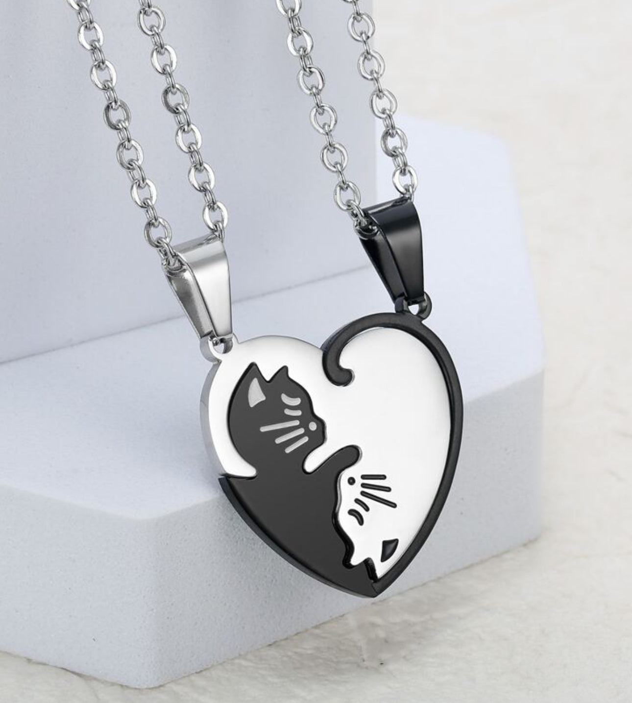 Stainless Steel Couples Heart Distance Cat Necklace 2pc