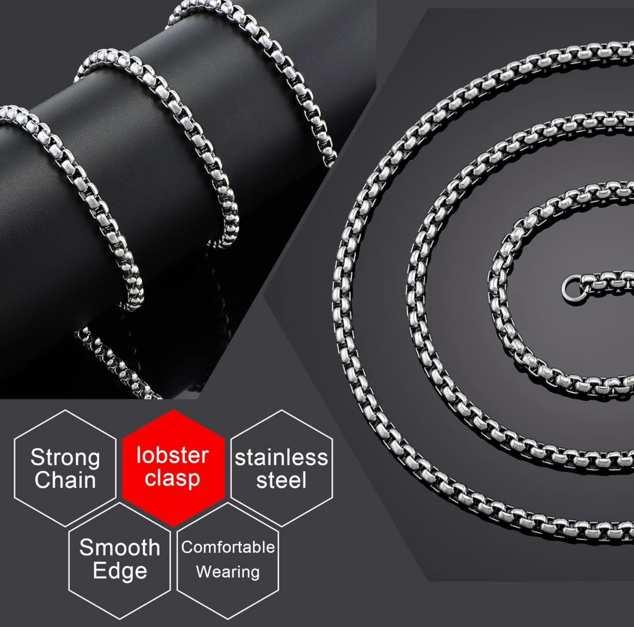 Stainless Steel Round Box Chain (3MM-60CM)