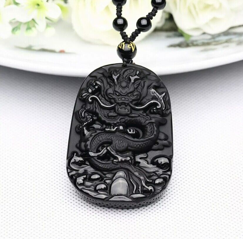 Dragon Carved Obsidian Stone Adjustable Necklace