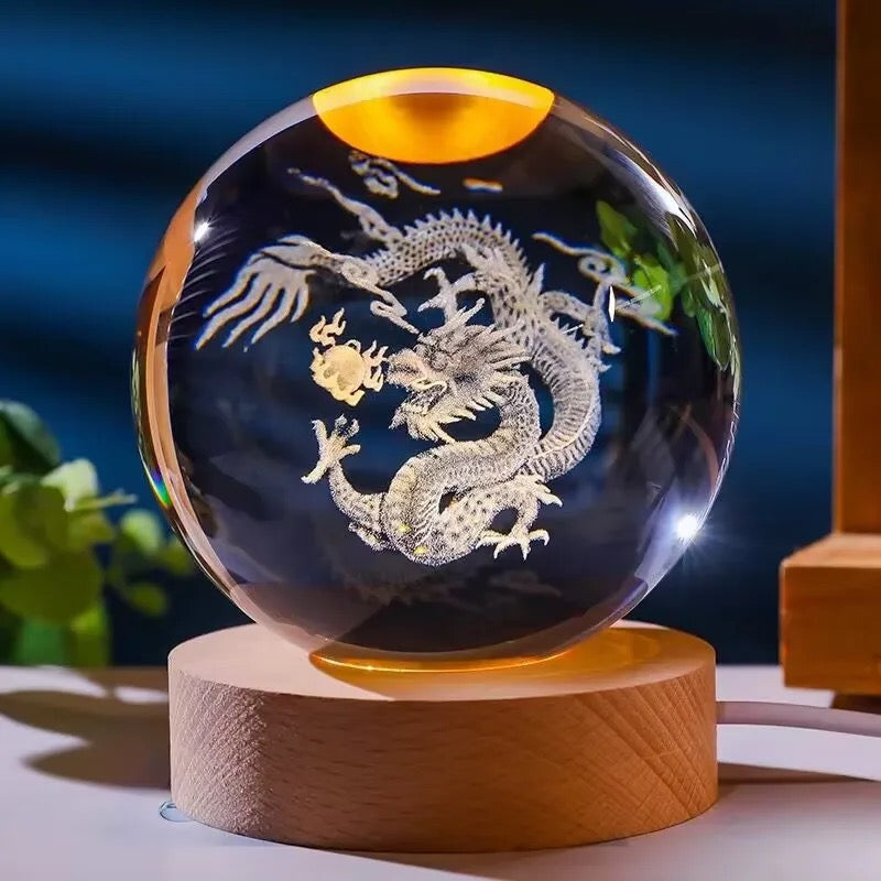 3D Laser Engraved 8cm Glass Crystal Ball Lamp Decor (Chinese Lucky Dragon)