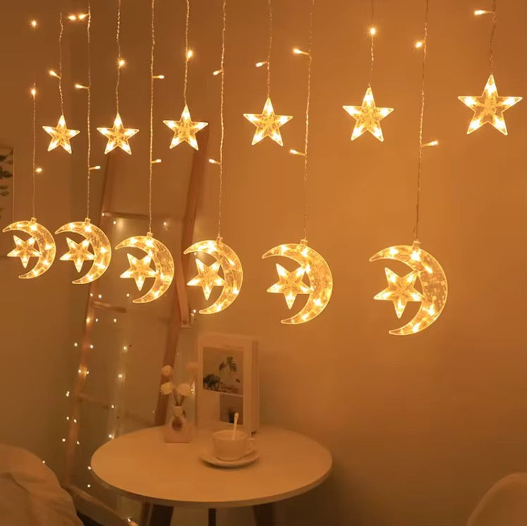 Decorative LED Curtain String Lights – Moon & Star Combined Design | RGB & Warm Yellow