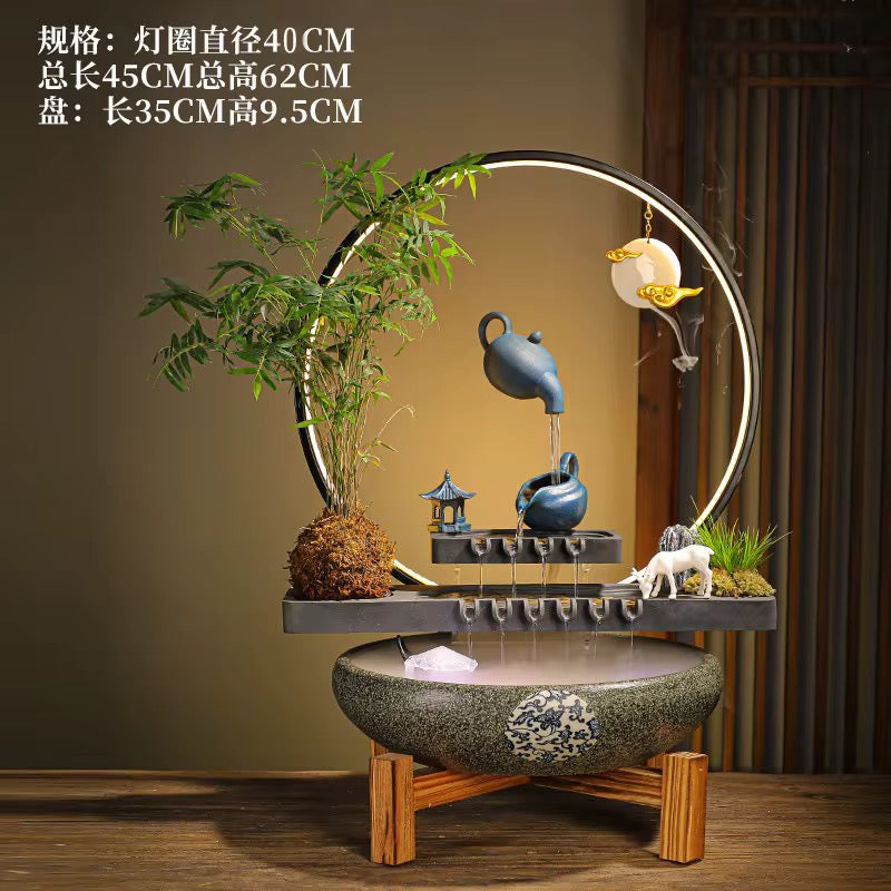 Feng Shui Teapot Back-Flow Incense Holder & Waterfall Mist Maker with Ring Light Ornamental Set