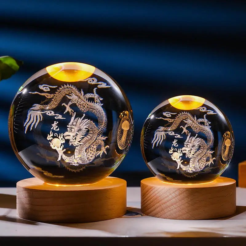 3D Laser Engraved 8cm Glass Crystal Ball Lamp Decor (Chinese Lucky Dragon)