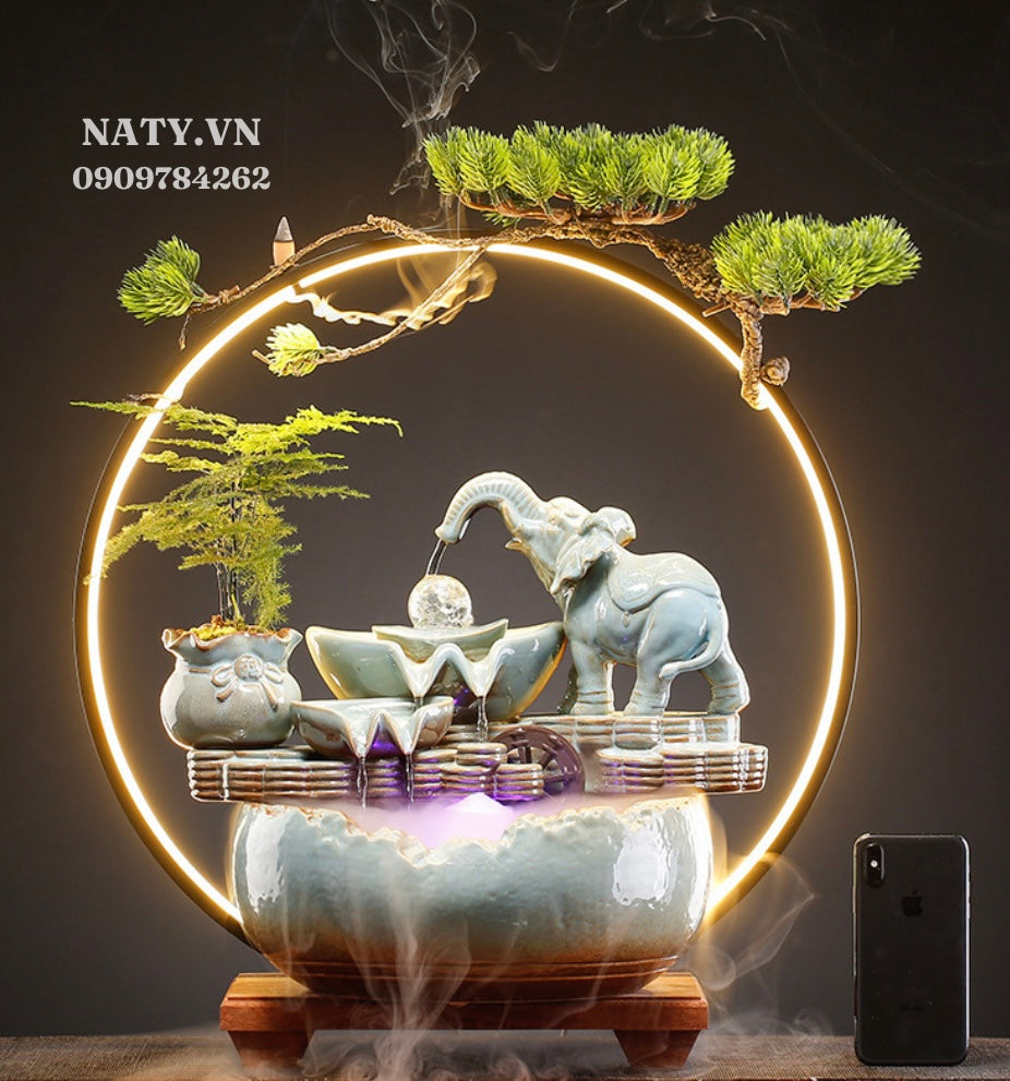 Feng Shui Elephant Crystal Ball Back-Flow Incense Holder & Waterfall Mist Maker with Ring Light Ornamental Set