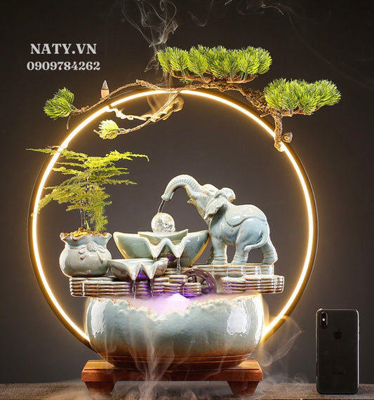 Feng Shui Elephant Crystal Ball Back-Flow Incense Holder & Waterfall Mist Maker with Ring Light Ornamental Set