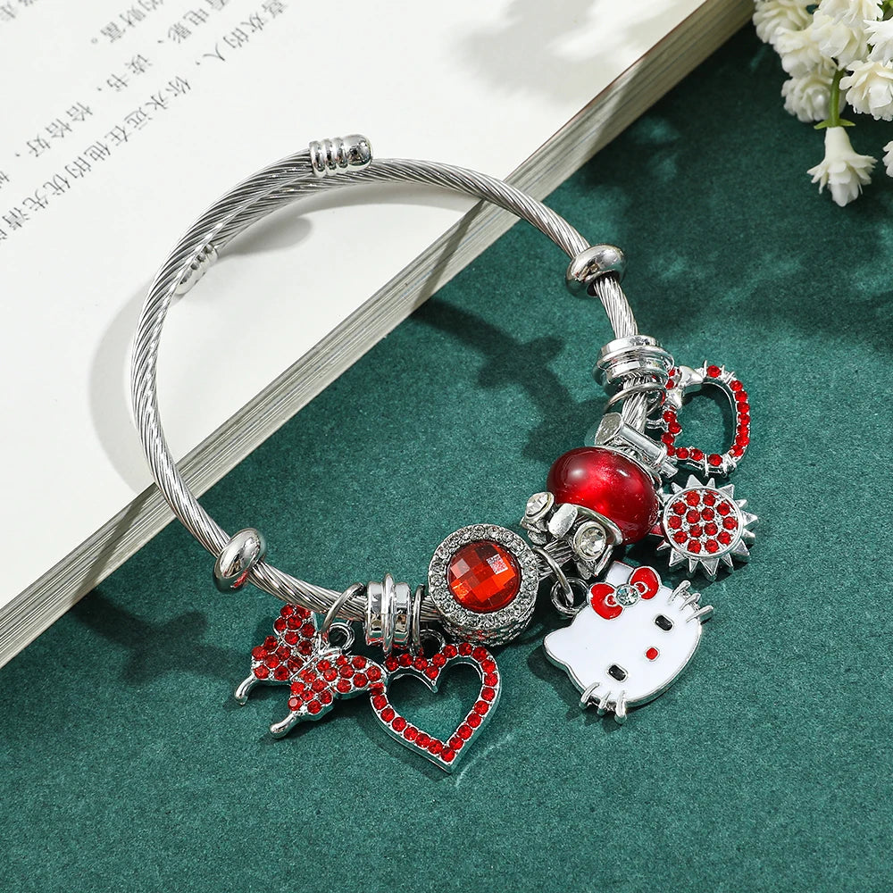 Stainless Steel Hello Kitty Red Zircon Charm Bracelet