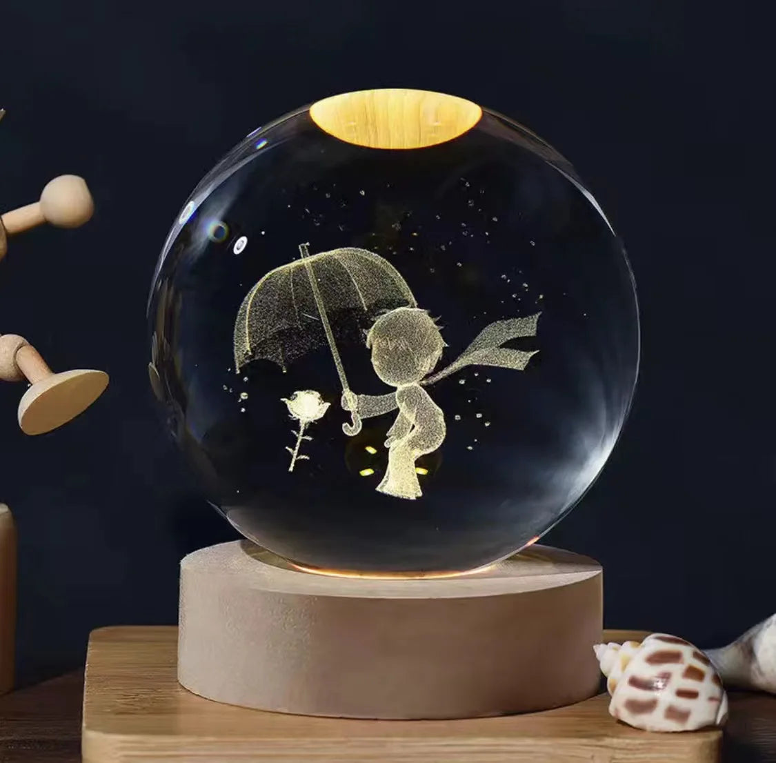 3D Laser Engraved 8cm Glass Crystal Ball Lamp (Boy with Umbrella)