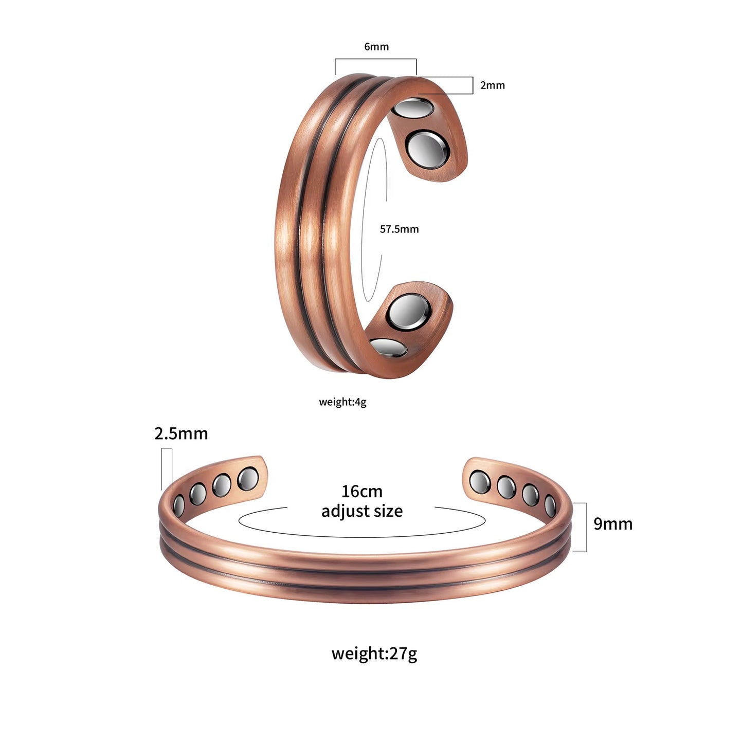Adjustable Ultra Strength Pure Copper Magnetic Bracelet & Ring Set  (99.99% Copper)
