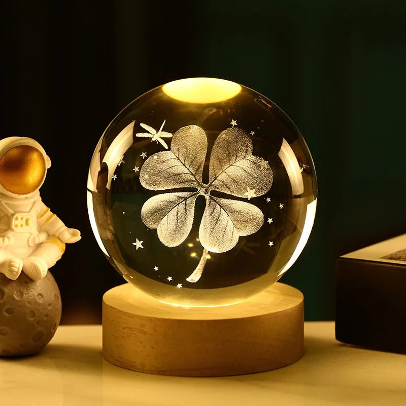 3D Laser Engraved 8cm Glass Crystal Ball Lamp (Lucky 4-Leaf Clover )