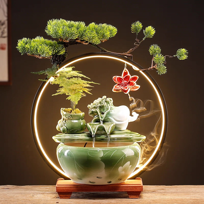 Chinese Bok choy Back-Flow Incense Holder & Waterfall Mist Maker with Ring Light Ornamental Set