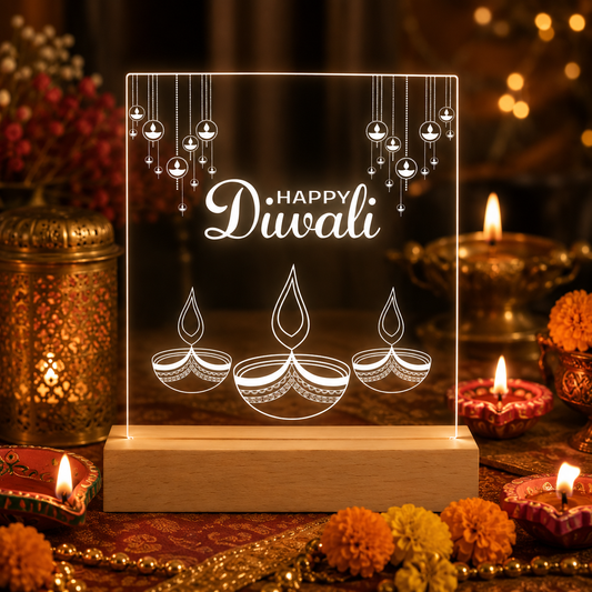 ‘Happy Diwali’ 3D Acrylic Night Lamp With Wooden Base