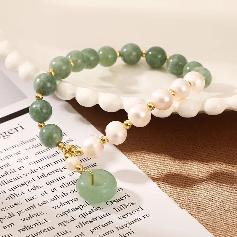 Jade + Fresh Water Pearl Donut Charm Bracelet (8MM)