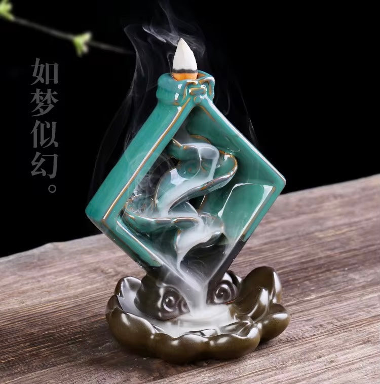 Ceramic Zen Style Chinese Back-Flow Incense Holder + 10 Free Incense Cones