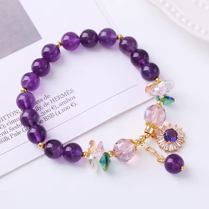 Natural Amethyst Zircon Flower Charm Bracelet (8MM Beads)