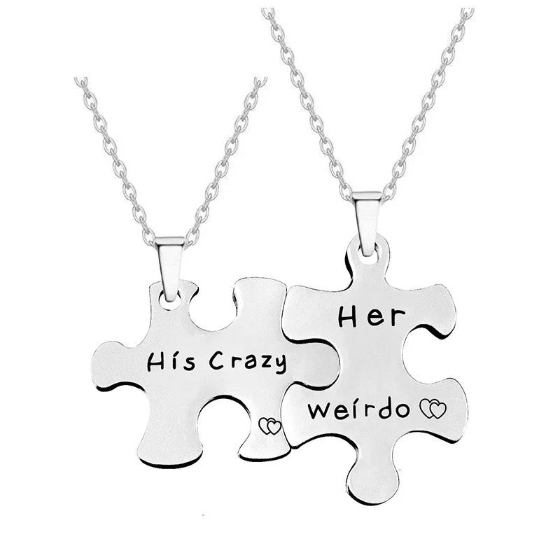 Stainless Steel “His Crazy” + “Her Weirdo” Puzzle Distance Couples Necklace 2pc