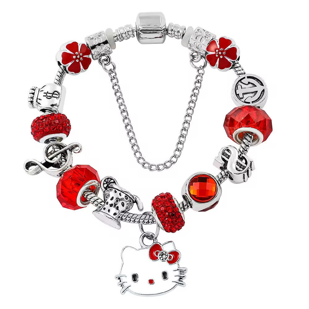 Stainless Steel Hello Kitty Red Zircon Charm Bracelet