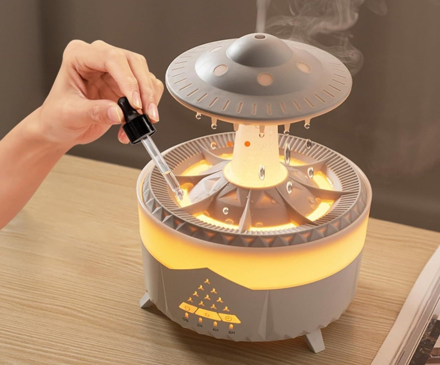 White UFO Rain Humidifier, 7-Color LED Aroma Diffuser + Remote Control