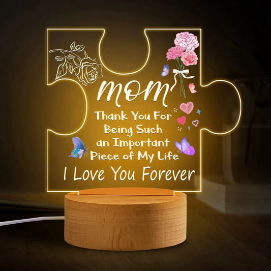 Mother’s Love 3D Acrylic Night Lamp With Wooden Base - Puzzle Design