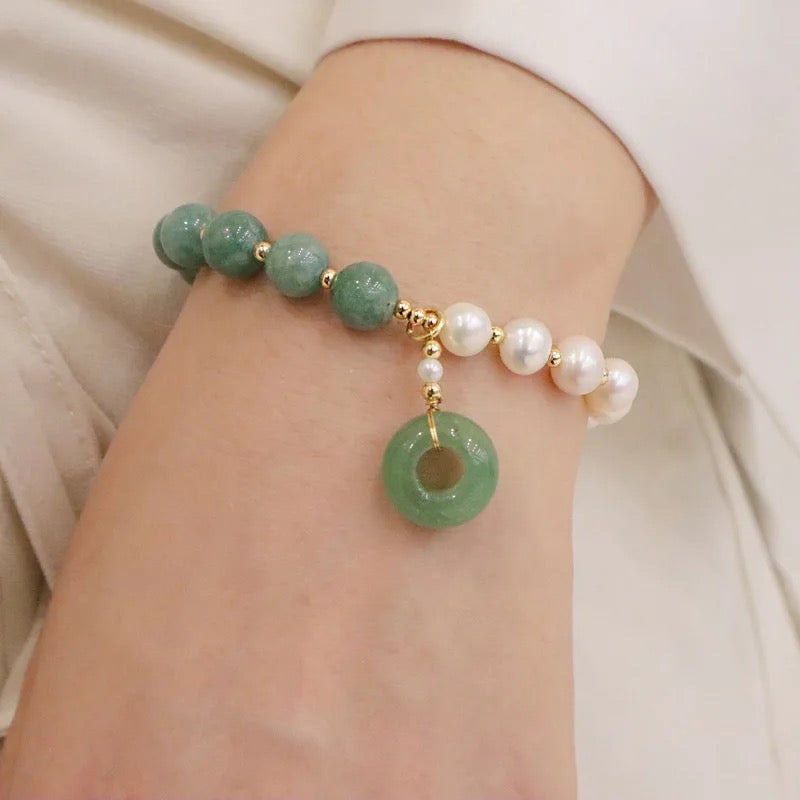 Jade + Fresh Water Pearl Donut Charm Bracelet (8MM)