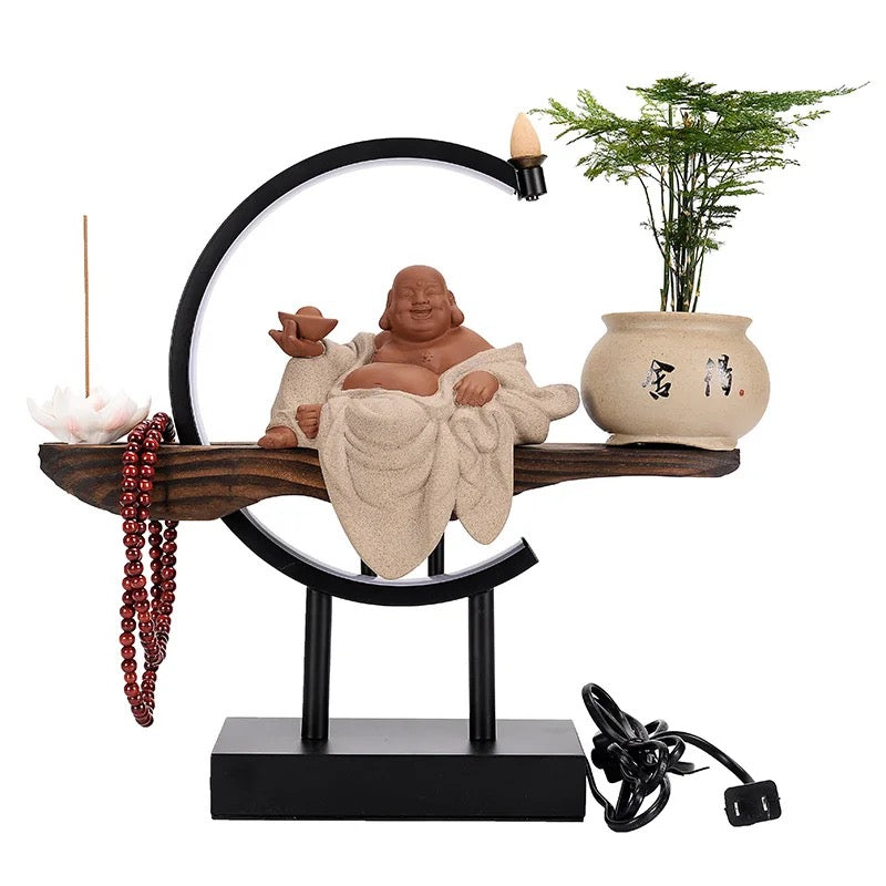 Buddha Back-Flow Incense Holder & Ring Light With Lucky Plant Pot Ornamental Set