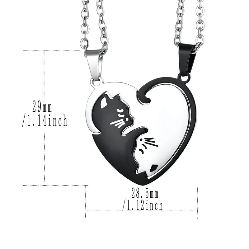 Stainless Steel Couples Heart Distance Cat Necklace 2pc