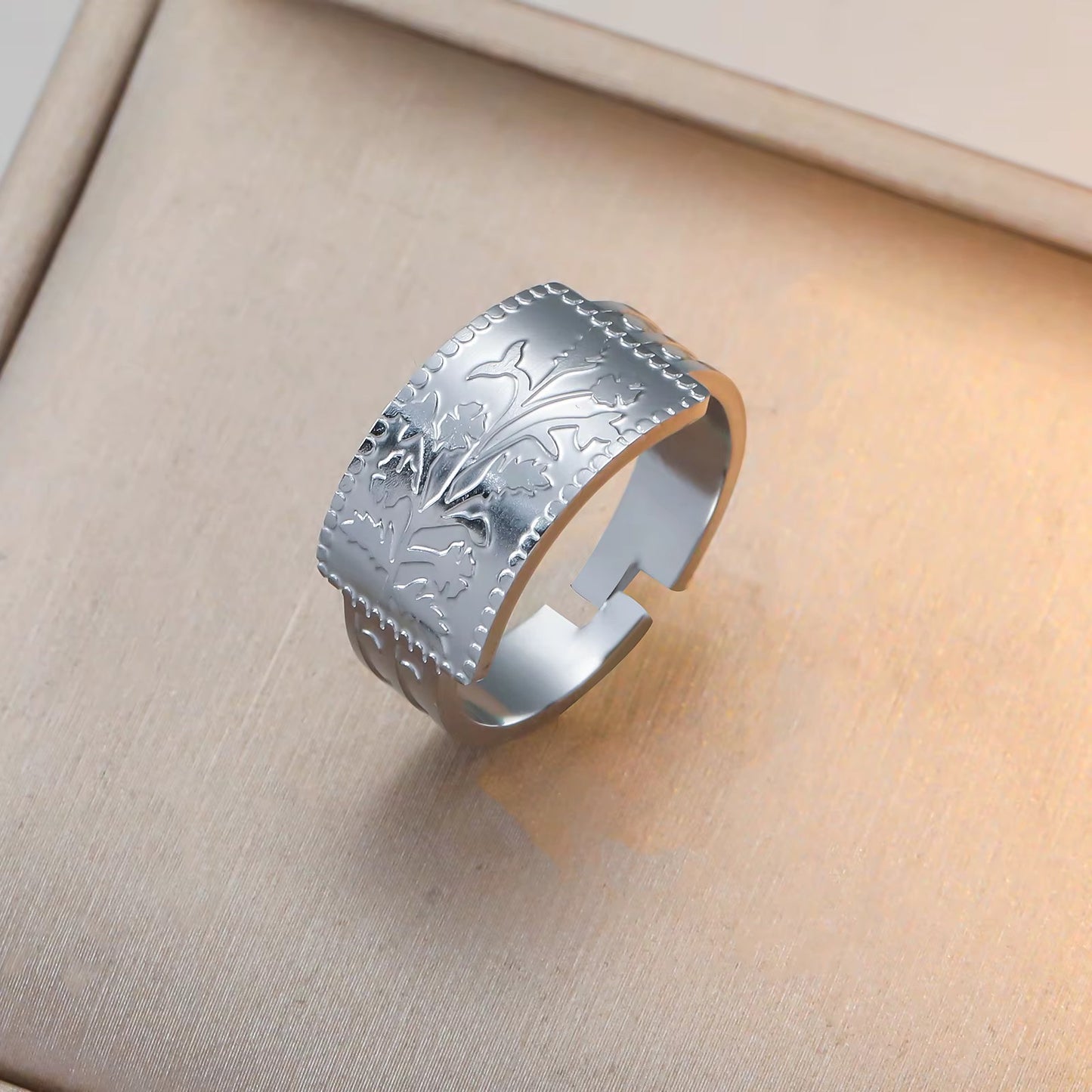 Vintage Floral Embossed Adjustable Stainless Steel Ring