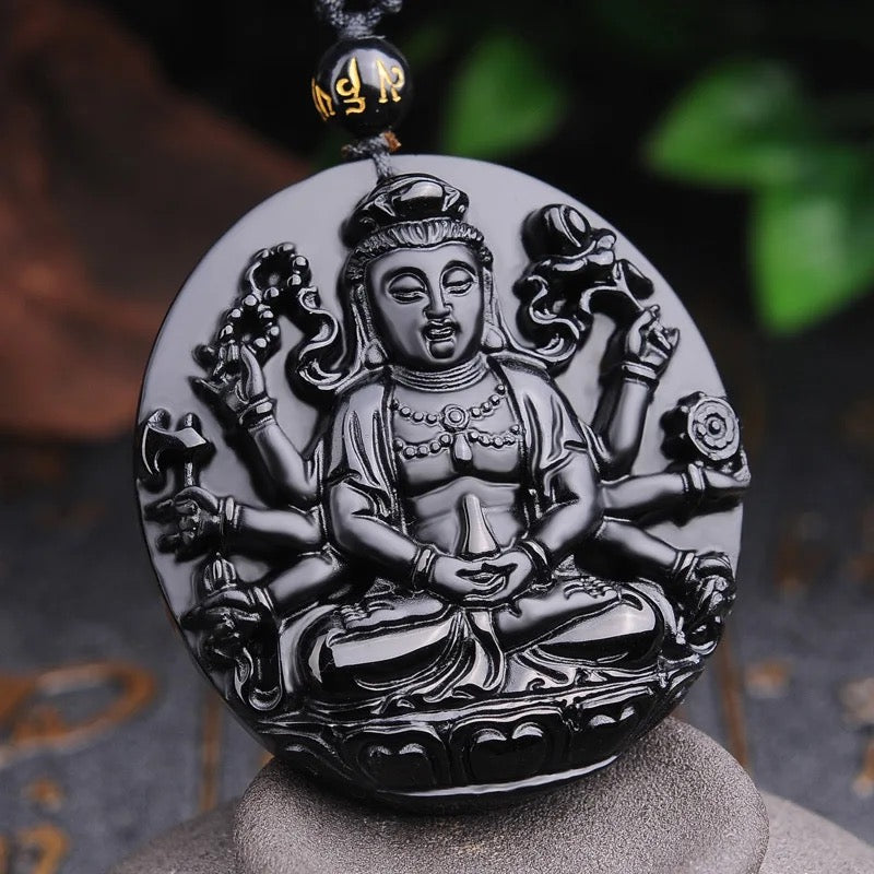 Avalokiteshvara Bodhisattva Buddha Carved Obsidian Stone Adjustable Necklace