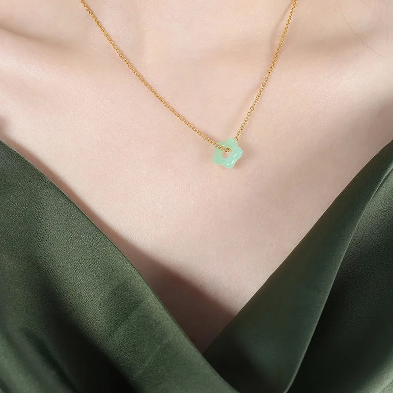 Dainty Lucky Jade Star + Stainless Steel Necklace