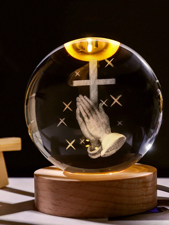 3D Laser Engraved 8cm Glass Crystal Ball Lamp (Christian Prayer Cross)