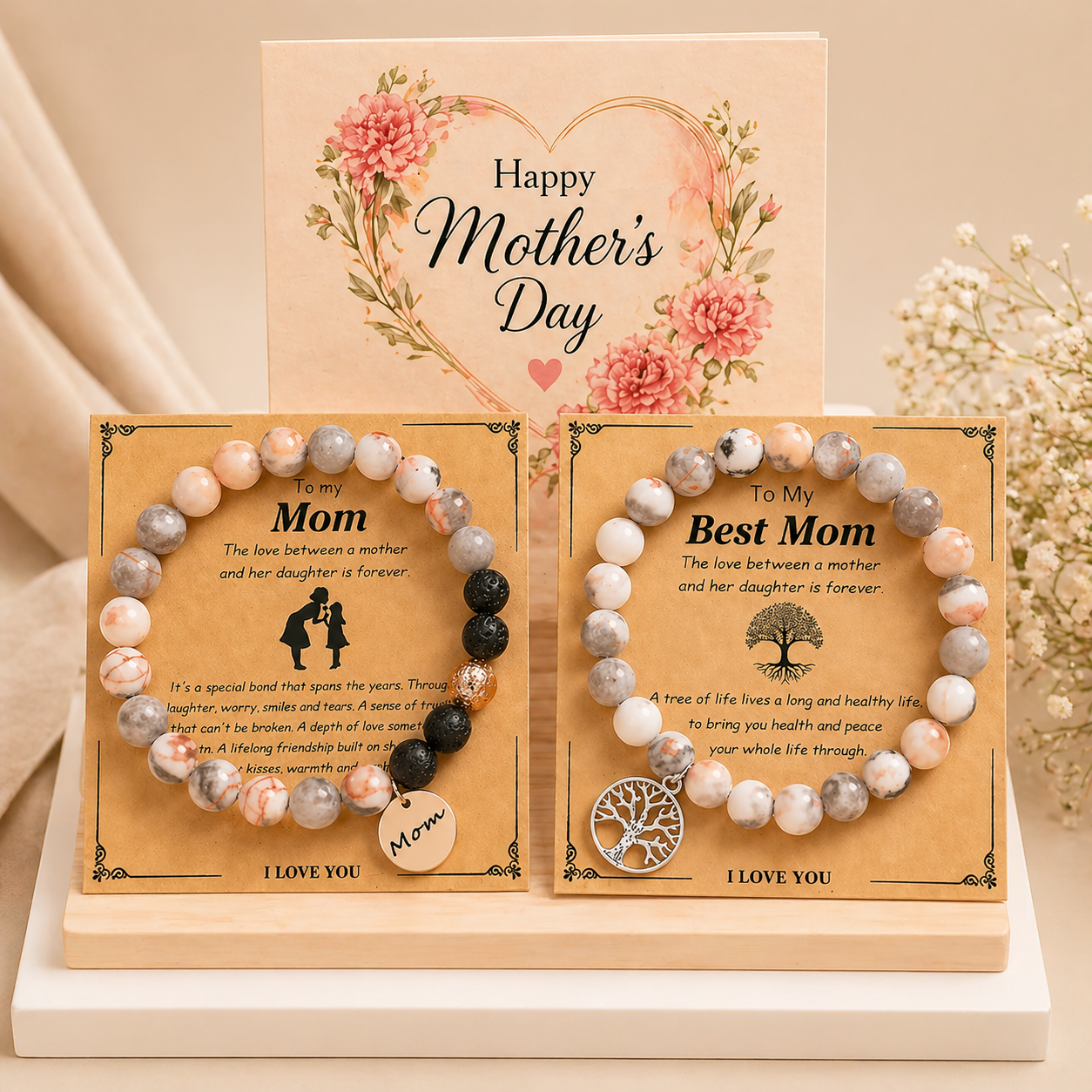 Natural Stone Pink Banded Agate Mother & Daughter Love Bond Bracelet With Gift Card