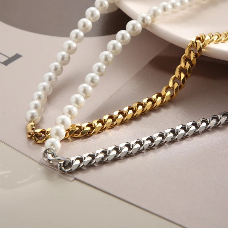 Stainless Steel Pearl Design Necklace & Bracelet 2pc Set