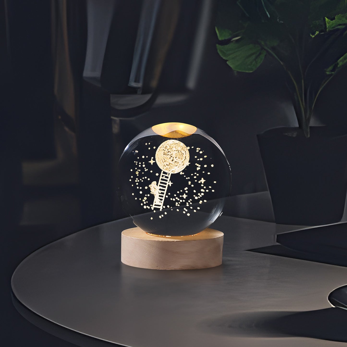 3D Laser Engraved 8cm Glass Crystal Ball Lamp Universe Astronomy Decor (Astronaut Climbing to Moon)